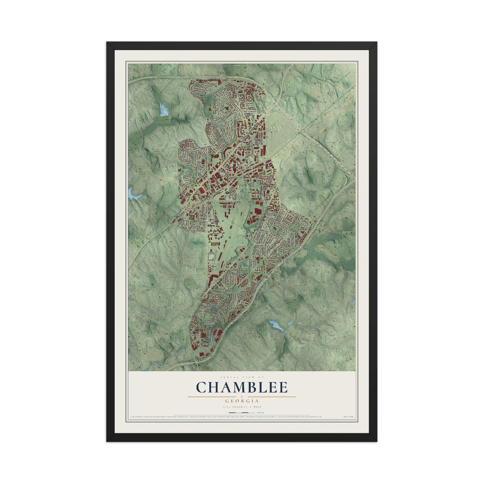 Chamblee, Georgia map print, 12" x 18" W/ Black Ayous Wood Frame mockup