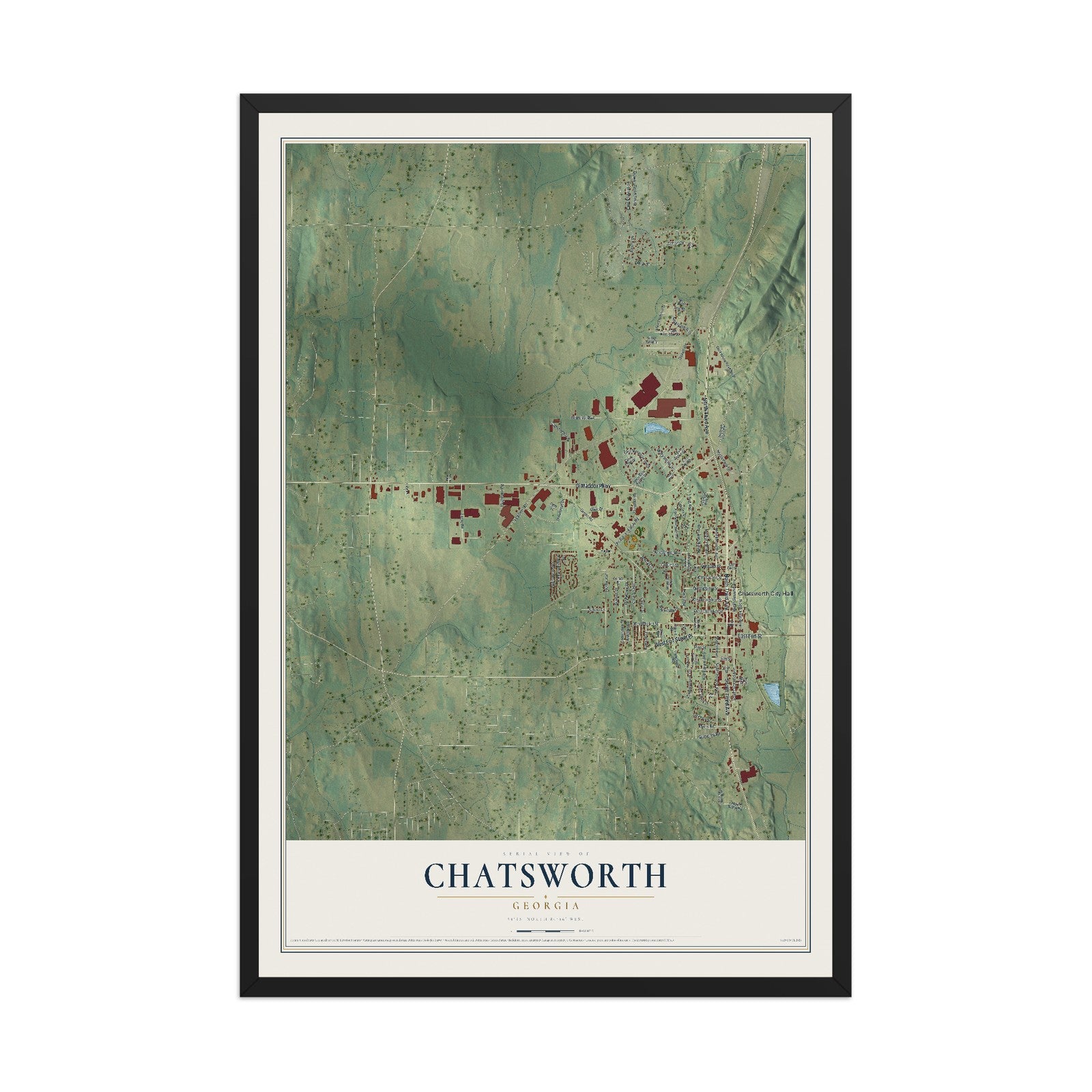 Chatsworth, Georgia map print, 12" x 18" W/ Black Ayous Wood Frame mockup