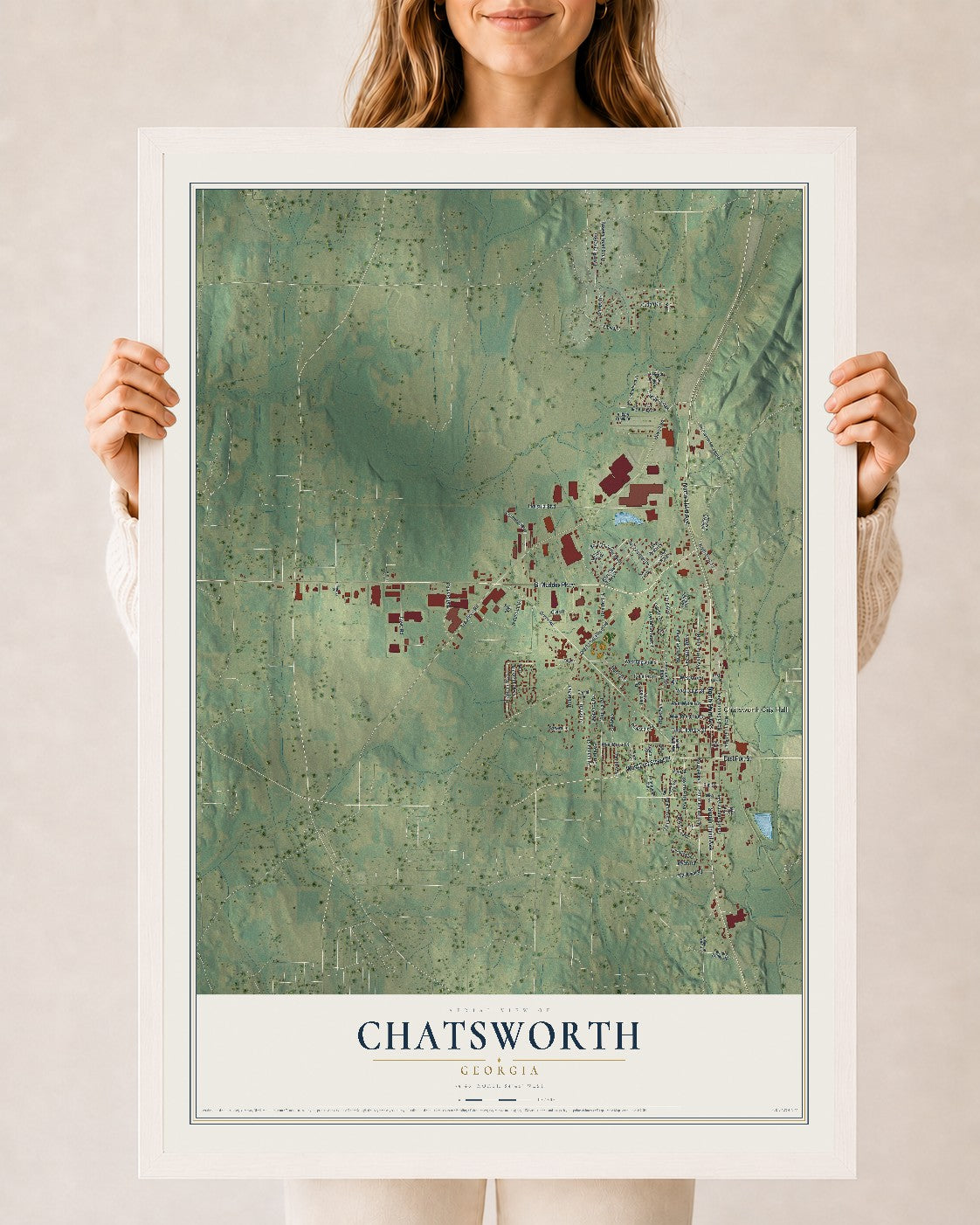 Chatsworth, Georgia map print, 24" x 36" W/ White Ayous Wood Frame mockup