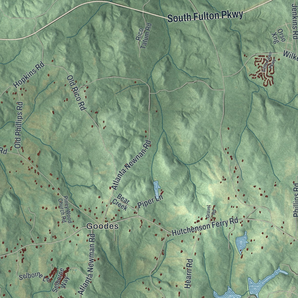 Close-up 2 of the Chattahoochee Hills, Georgia map artwork