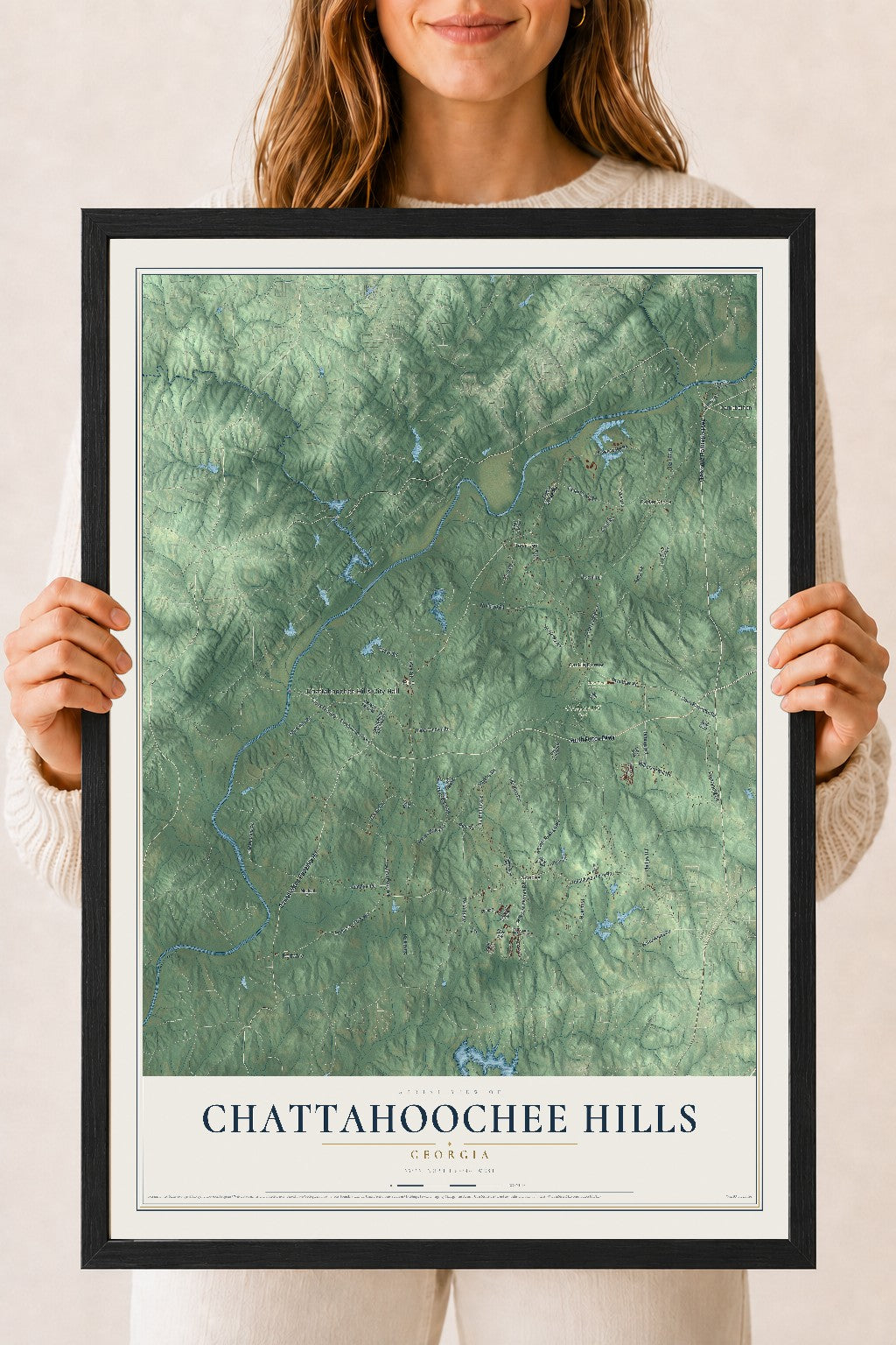 Chattahoochee Hills, Georgia map print, 18" x 24" W/ Black Ayous Wood Frame mockup