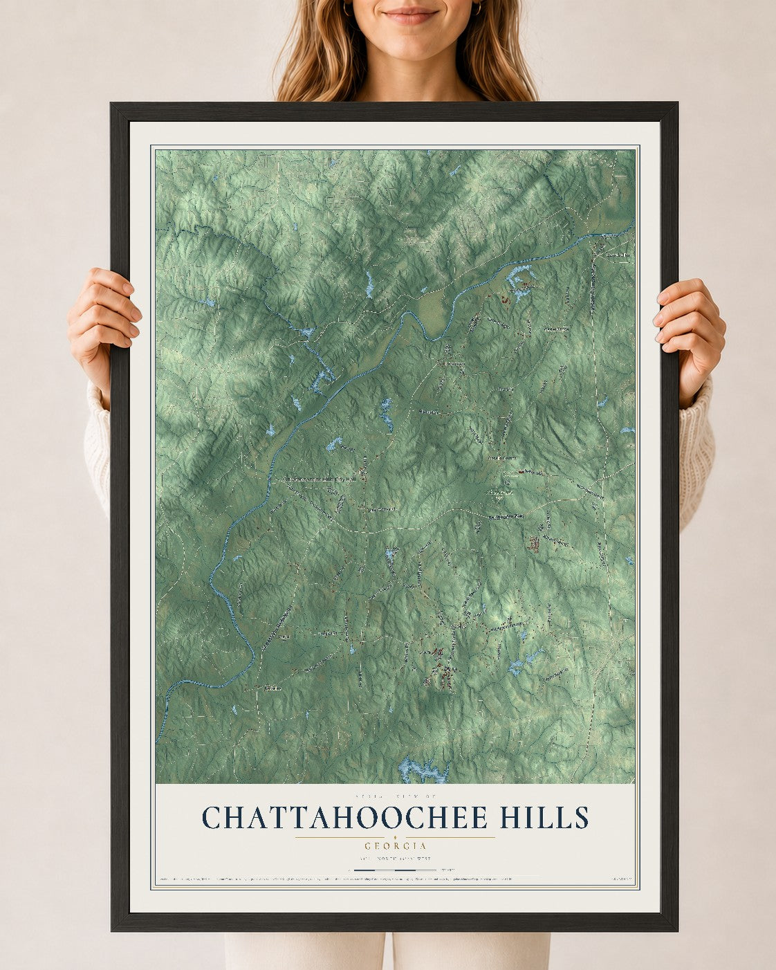 Chattahoochee Hills, Georgia map print, 24" x 36" W/ Black Ayous Wood Frame mockup