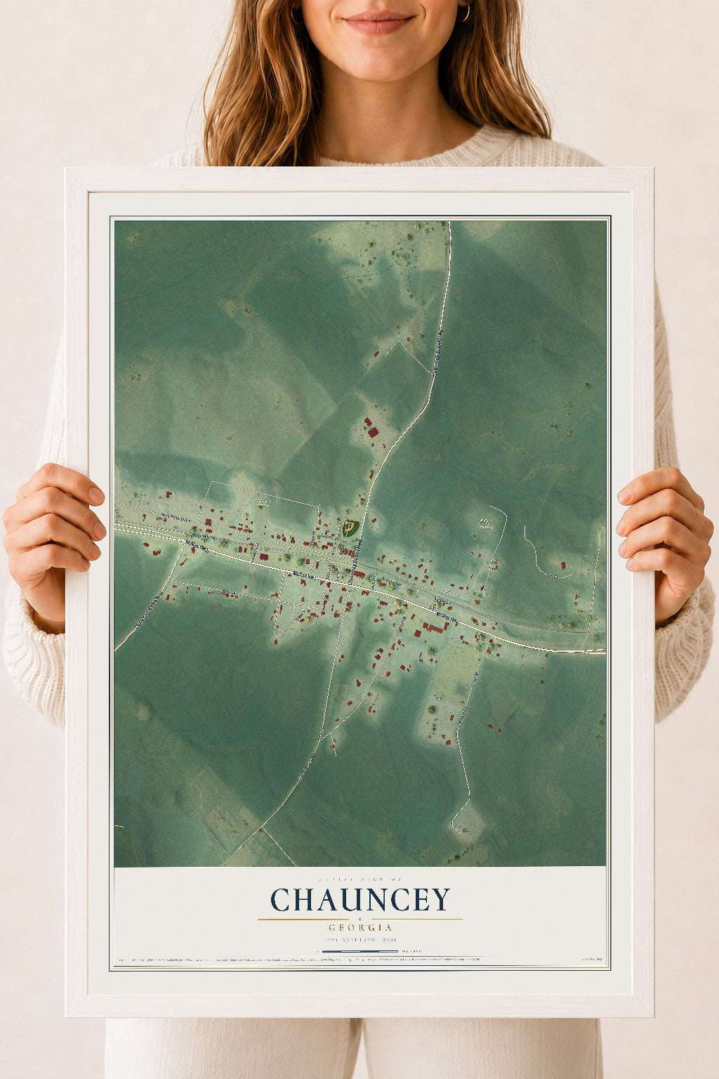 Chauncey, Georgia map print, 18" x 24" W/ White Ayous Wood Frame mockup