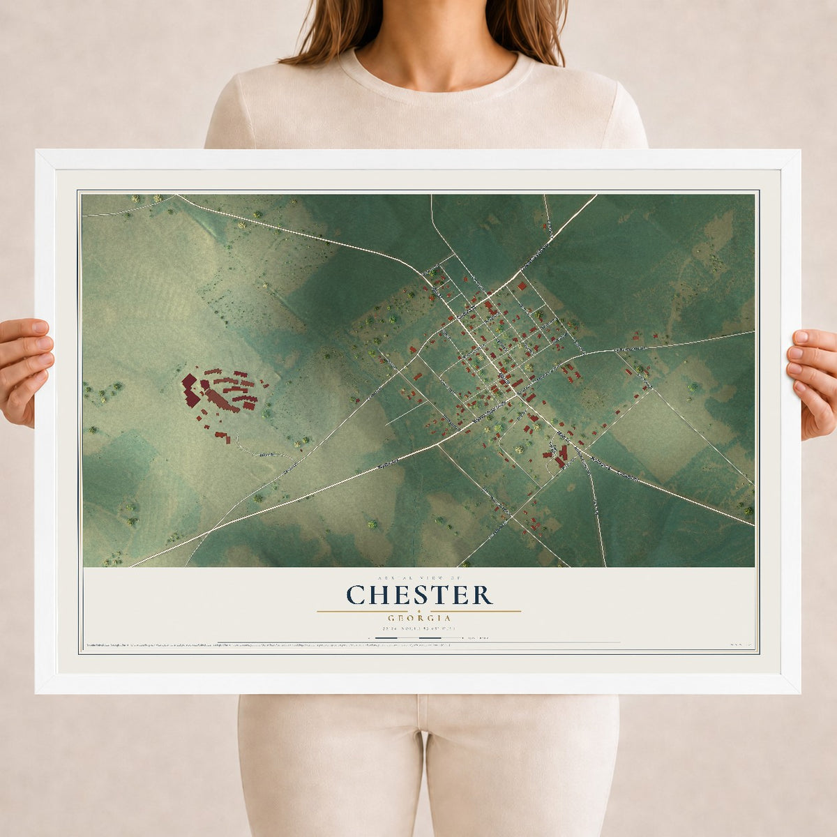 Chester, Georgia map print, 18" x 24" W/ White Ayous Wood Frame mockup
