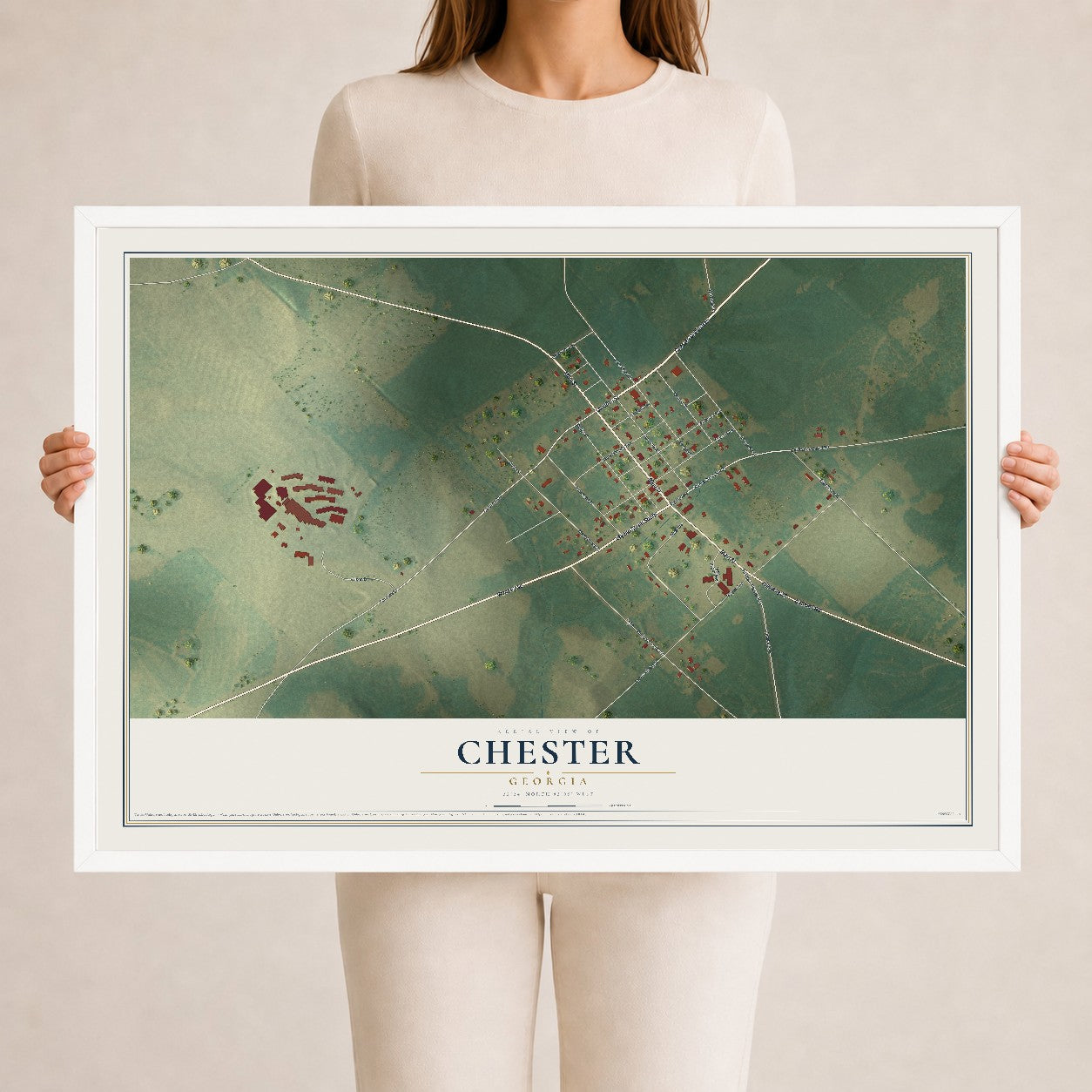 Chester, Georgia map print, 24" x 36" W/ White Ayous Wood Frame mockup