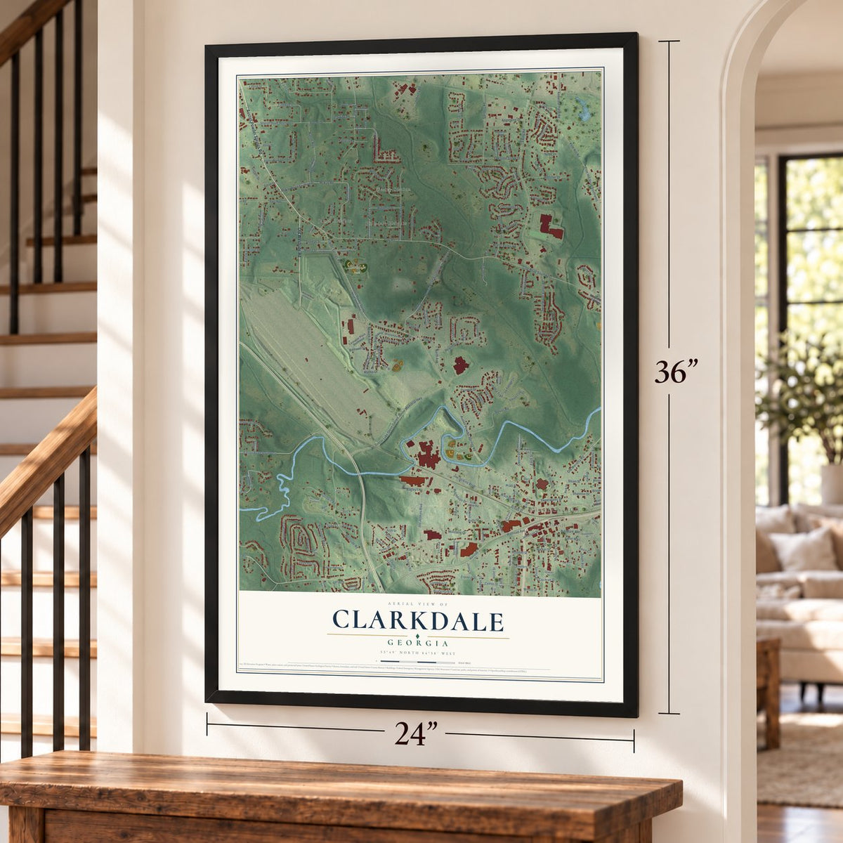 Clarkdale, Georgia map, 24 x 36 inch print in a black frame by a staircase