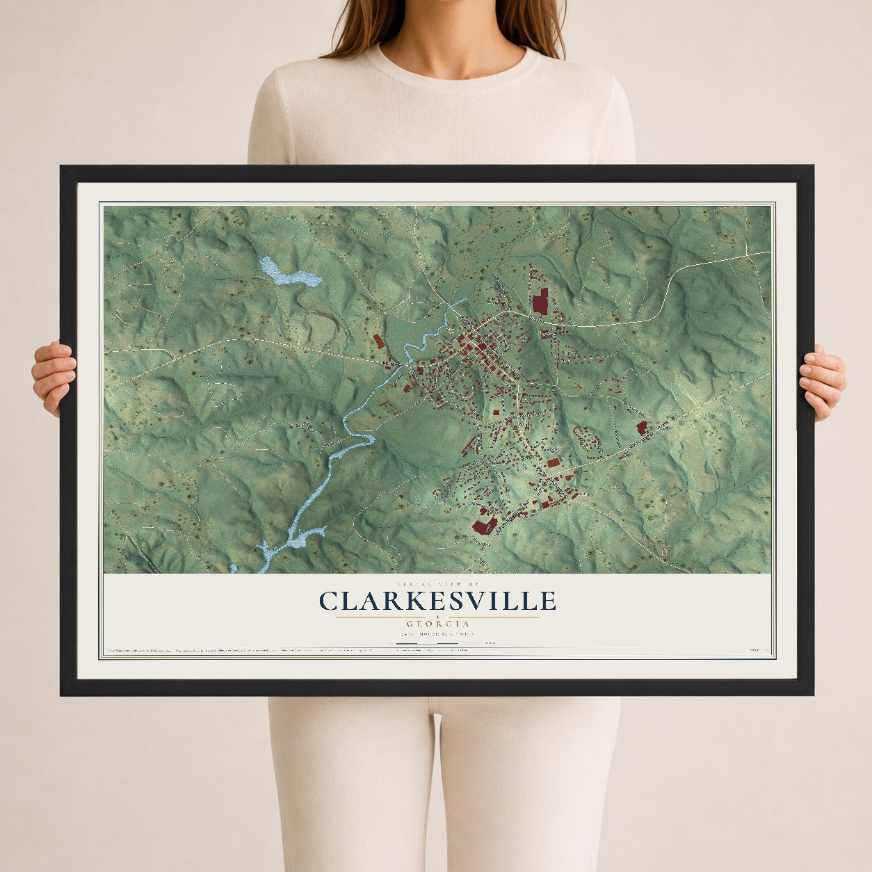 Clarkesville, Georgia map print, 24" x 36" W/ Black Ayous Wood Frame mockup