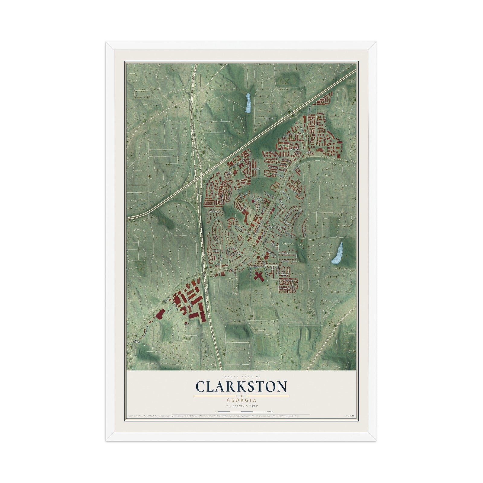 Clarkston, Georgia map print, 12" x 18" W/ White Ayous Wood Frame mockup