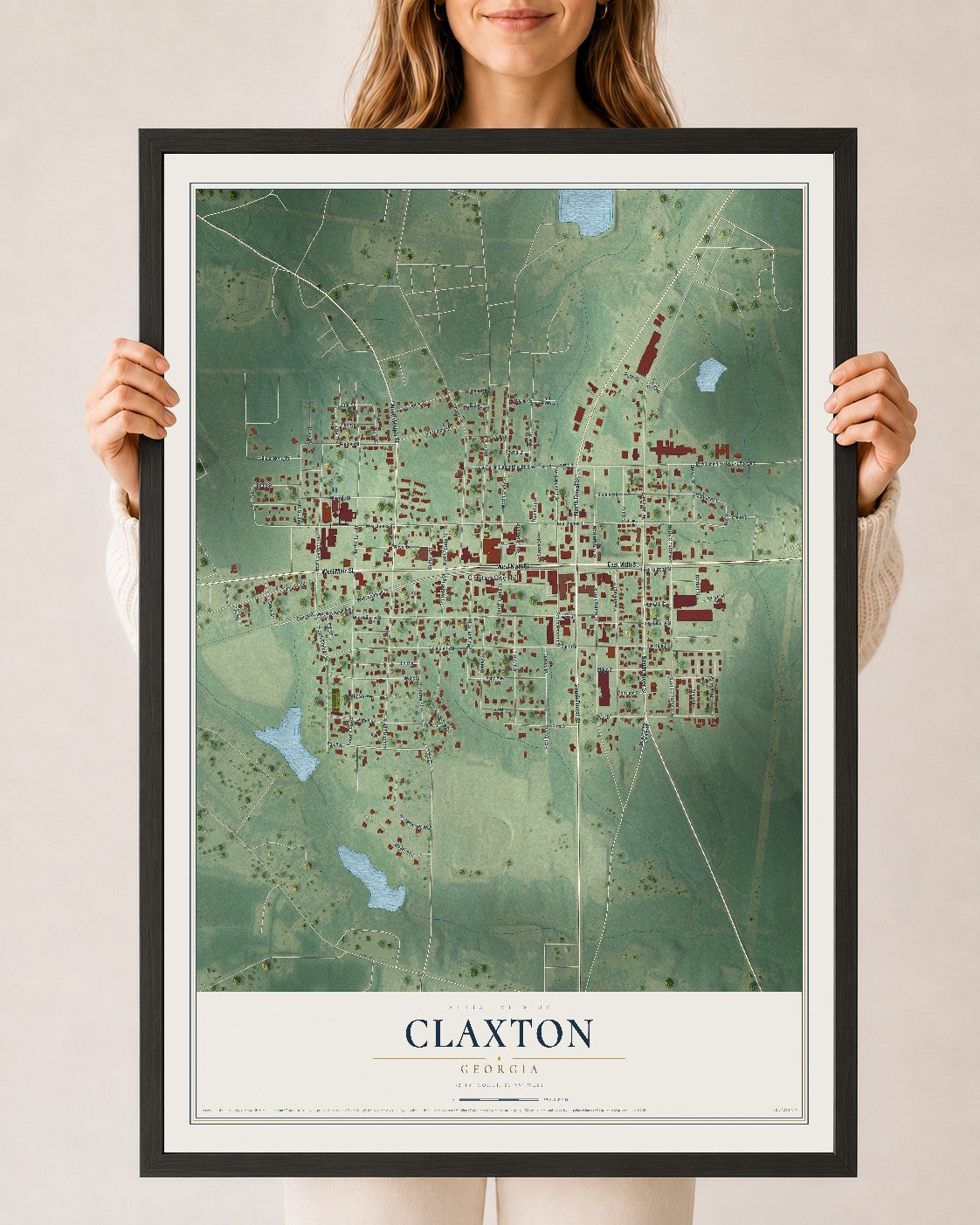Claxton, Georgia map print, 24" x 36" W/ Black Ayous Wood Frame mockup