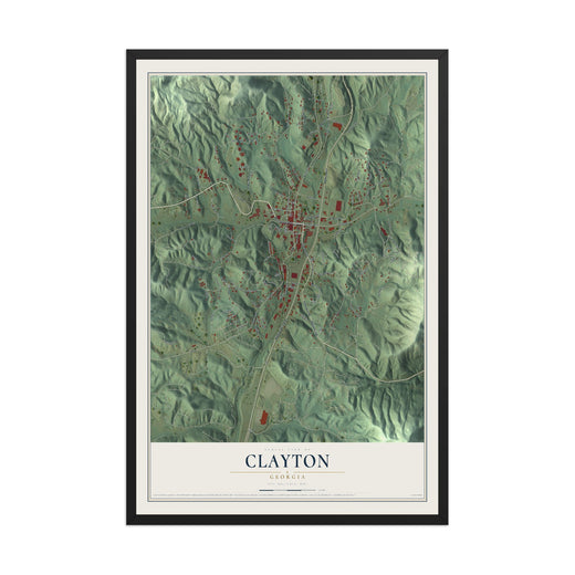 Map of Clayton, Georgia, 12 x 18 inch print in a black wood frame