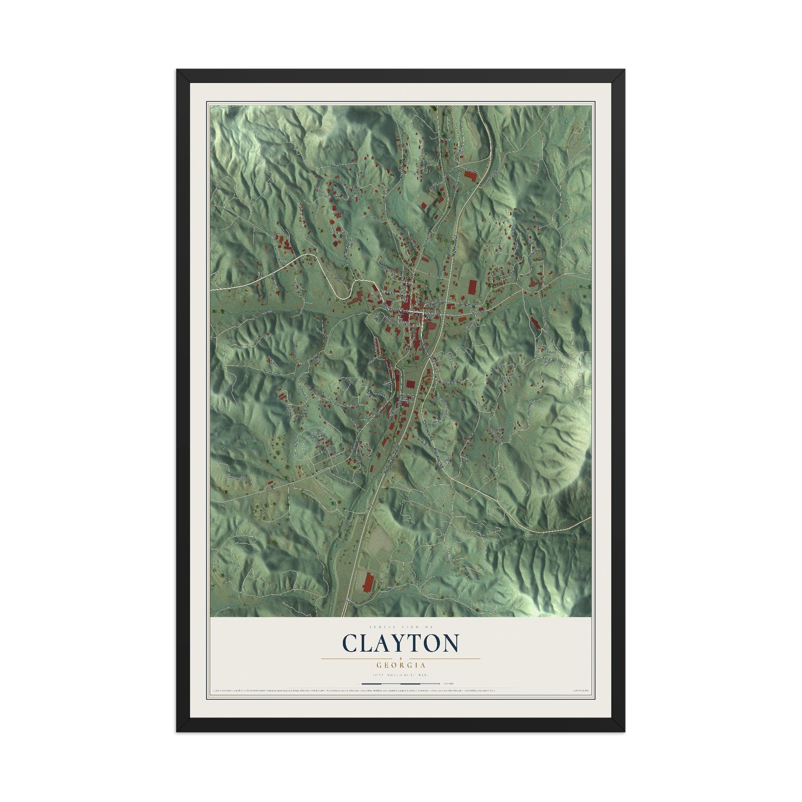 Clayton, Georgia map print, 12" x 18" W/ Black Ayous Wood Frame mockup