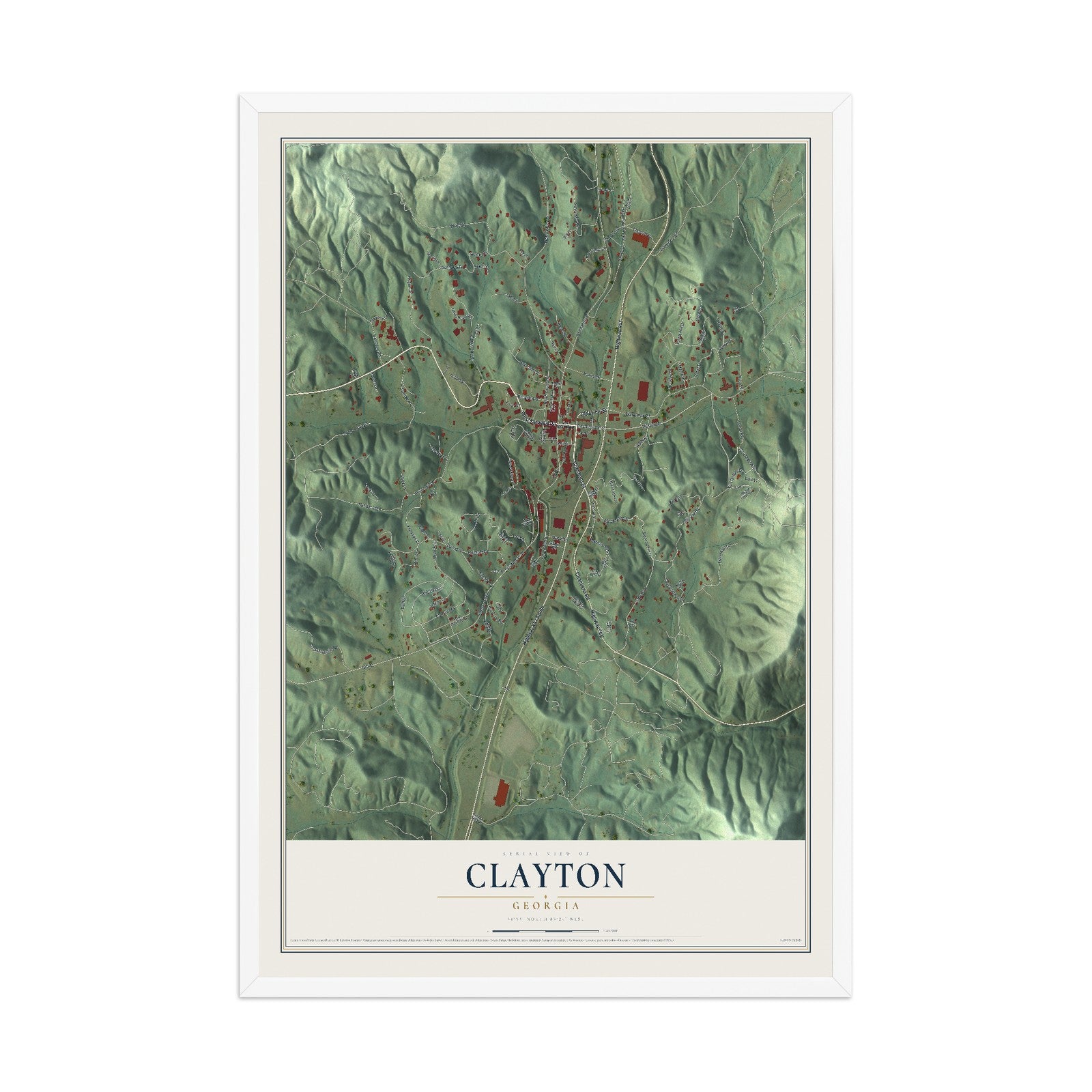 Clayton, Georgia map print, 12" x 18" W/ White Ayous Wood Frame mockup