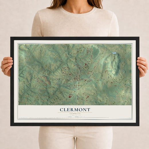 Map of Clermont, Georgia, 12 x 18 inch print in a black wood frame