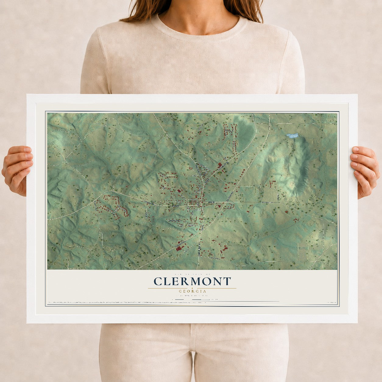 Clermont, Georgia map print, 12" x 18" W/ White Ayous Wood Frame mockup
