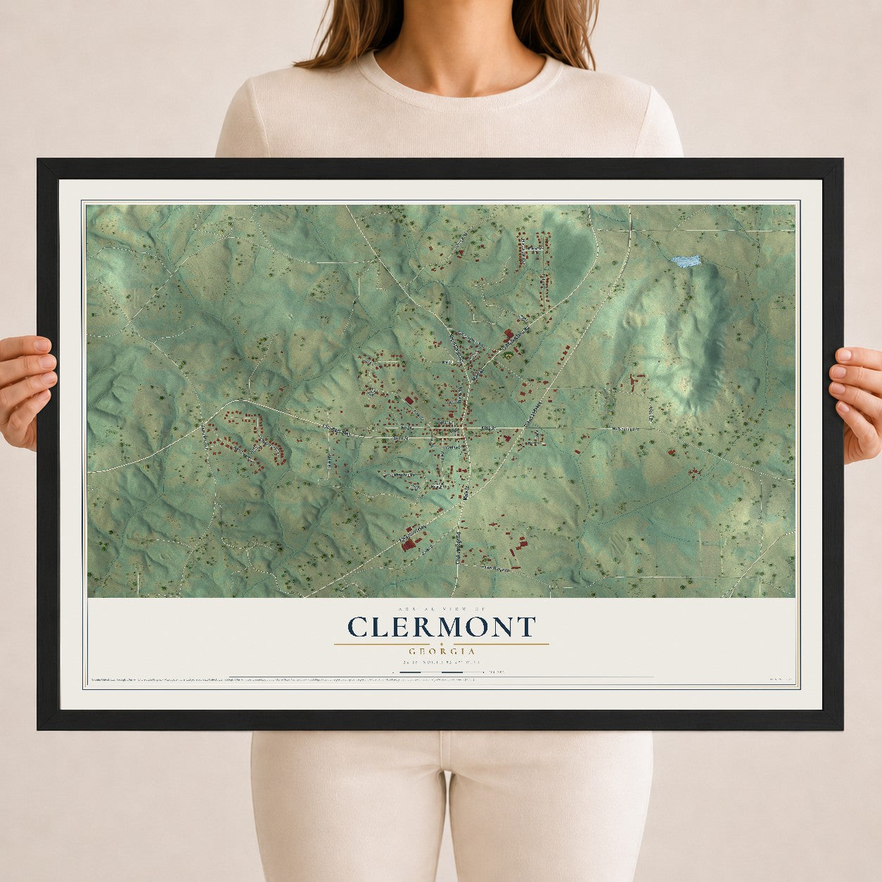 Clermont, Georgia map print, 18" x 24" W/ Black Ayous Wood Frame mockup