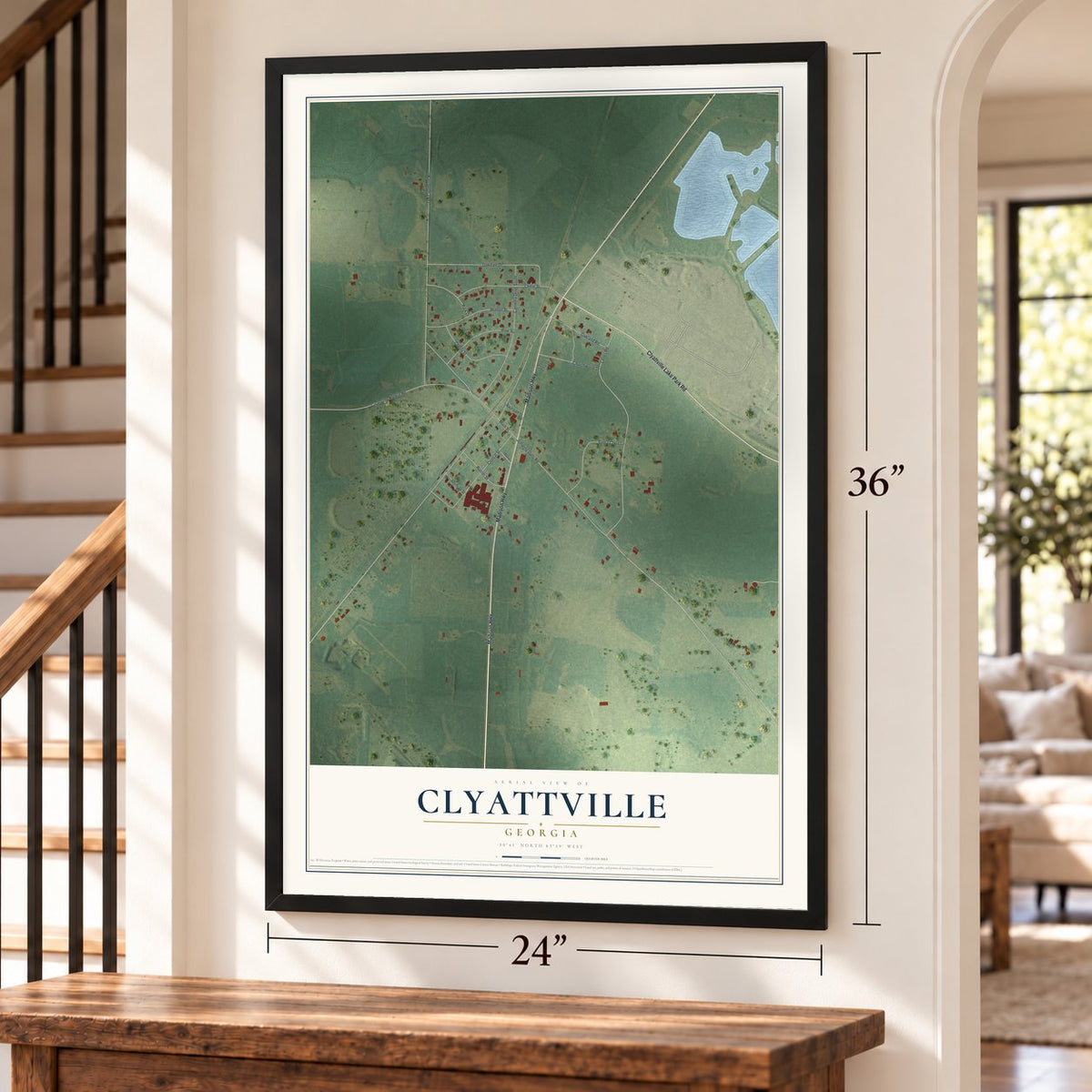 Clyattville, Georgia map, 24 x 36 inch print in a black frame by a staircase