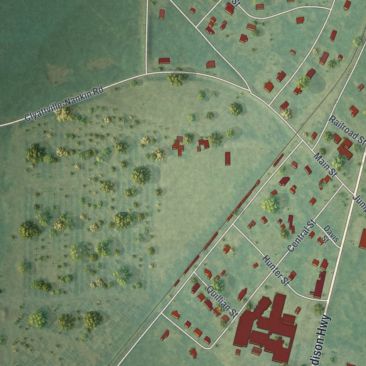 Close-up of the map of Clyattville, Georgia print showing street and building detail