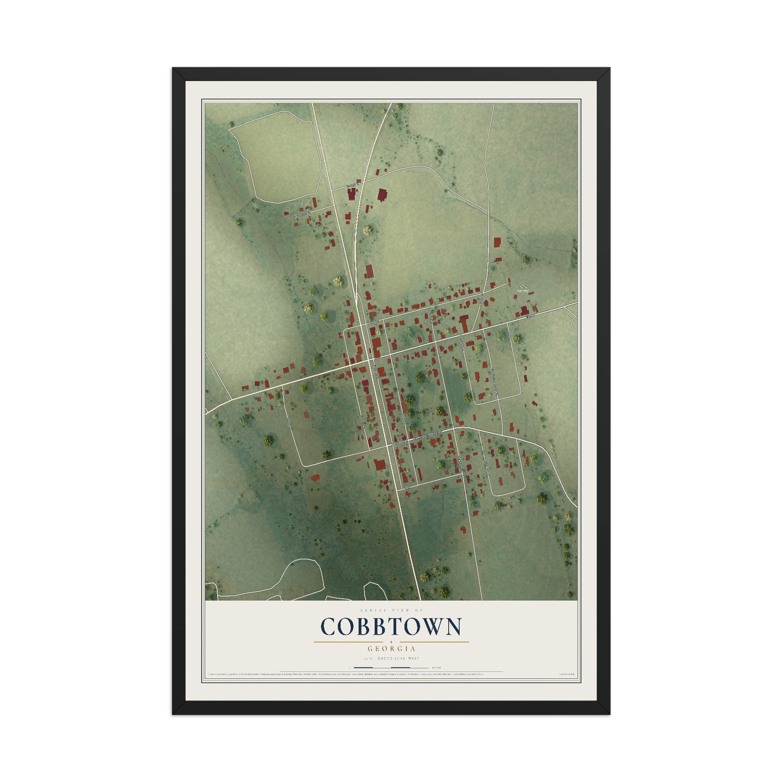 Cobbtown, Georgia map print, 12" x 18" W/ Black Ayous Wood Frame mockup