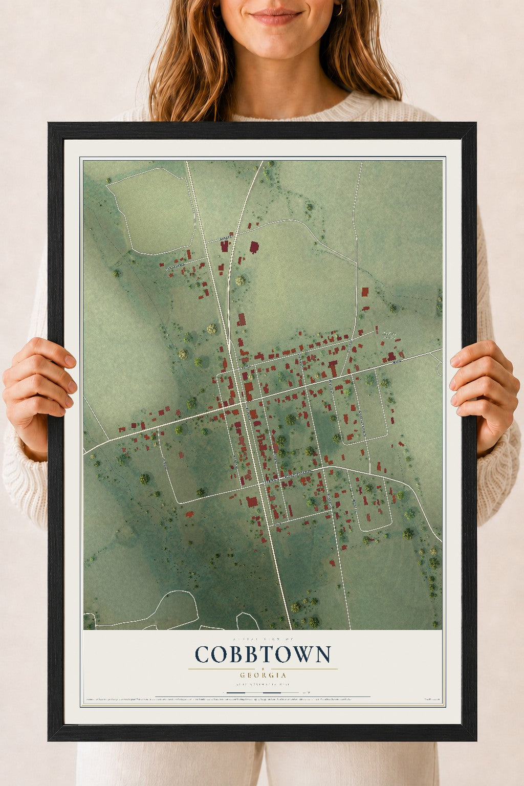Cobbtown, Georgia map print, 18" x 24" W/ Black Ayous Wood Frame mockup