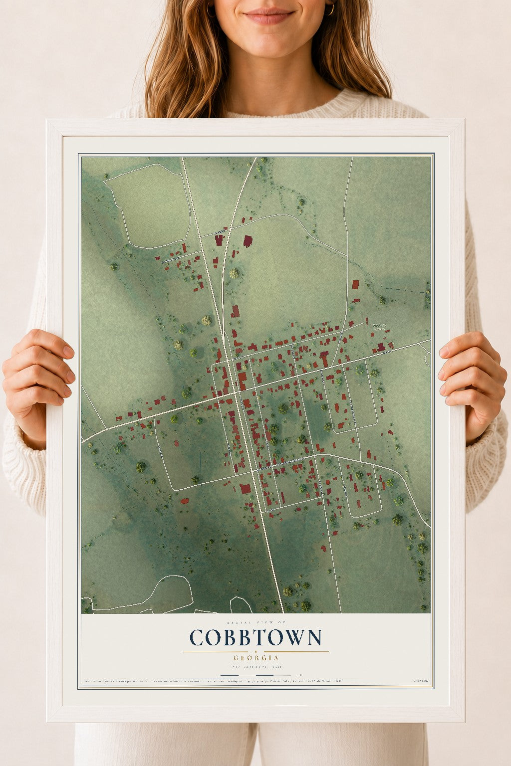 Cobbtown, Georgia map print, 18" x 24" W/ White Ayous Wood Frame mockup