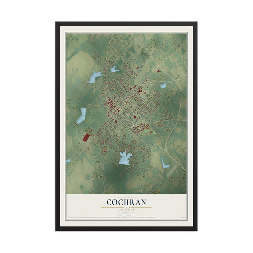 Map of Cochran, Georgia, 12 x 18 inch print in a black wood frame