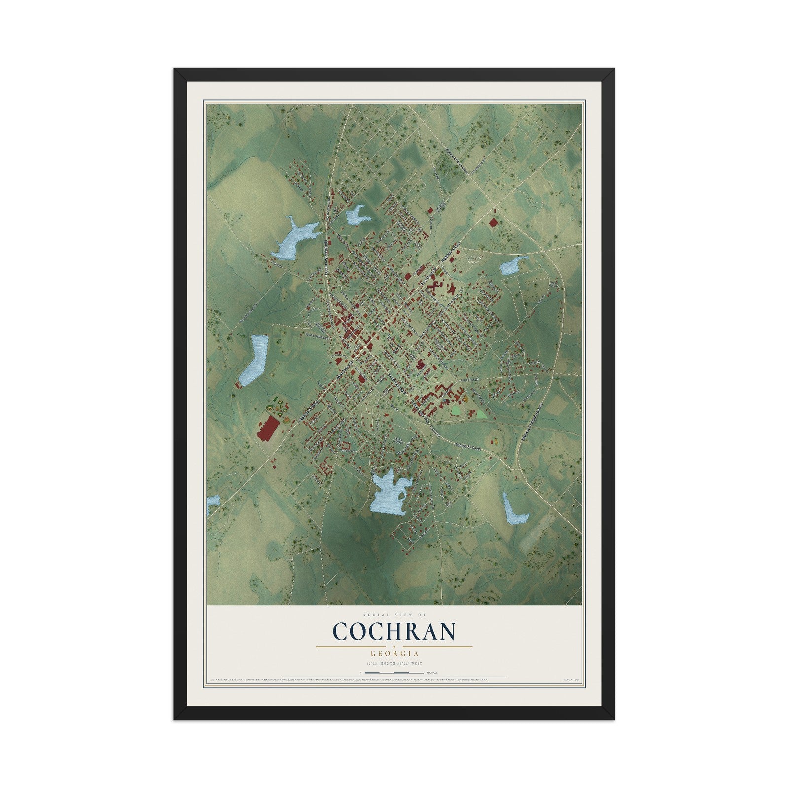 Cochran, Georgia map print, 12" x 18" W/ Black Ayous Wood Frame mockup