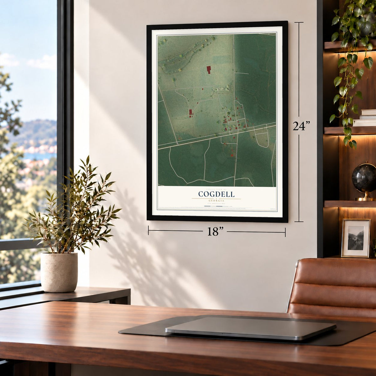 Cogdell, Georgia map, 18 x 24 inch print in a black frame in a home office