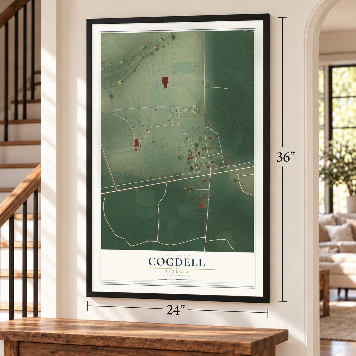 Cogdell, Georgia map, 24 x 36 inch print in a black frame by a staircase