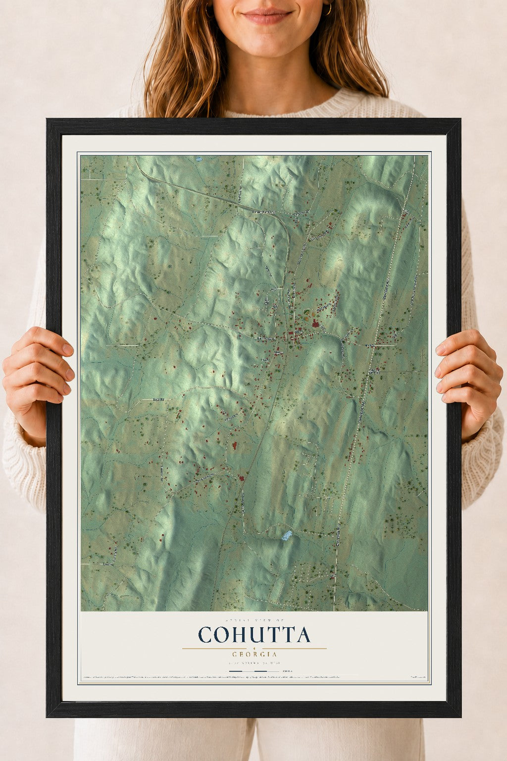 Cohutta, Georgia map print, 18" x 24" W/ Black Ayous Wood Frame mockup