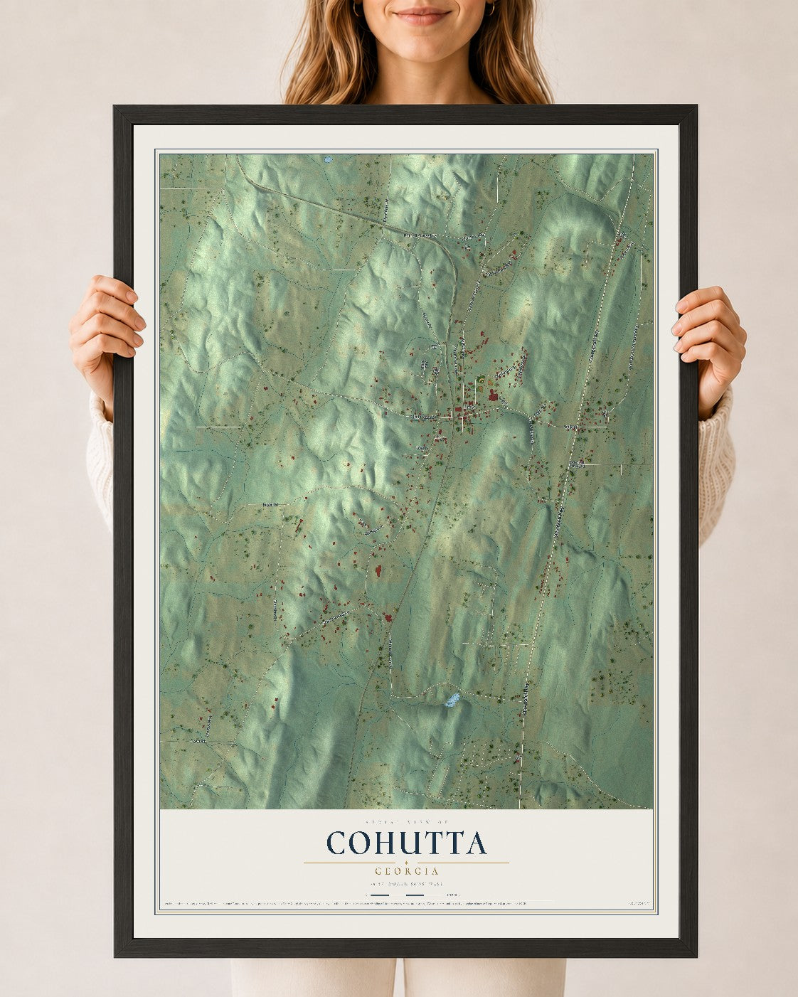 Cohutta, Georgia map print, 24" x 36" W/ Black Ayous Wood Frame mockup