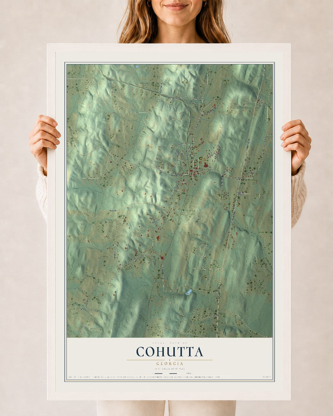 Cohutta, Georgia map print, 24" x 36" W/ White Ayous Wood Frame mockup