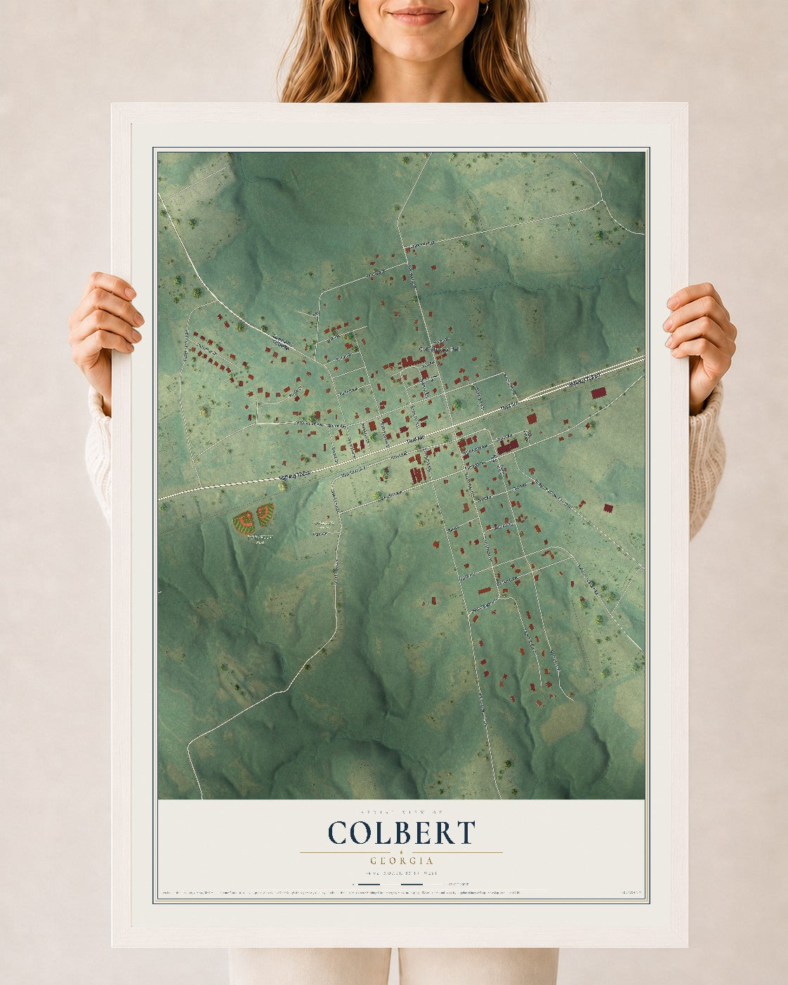 Colbert, Georgia map print, 24" x 36" W/ White Ayous Wood Frame mockup