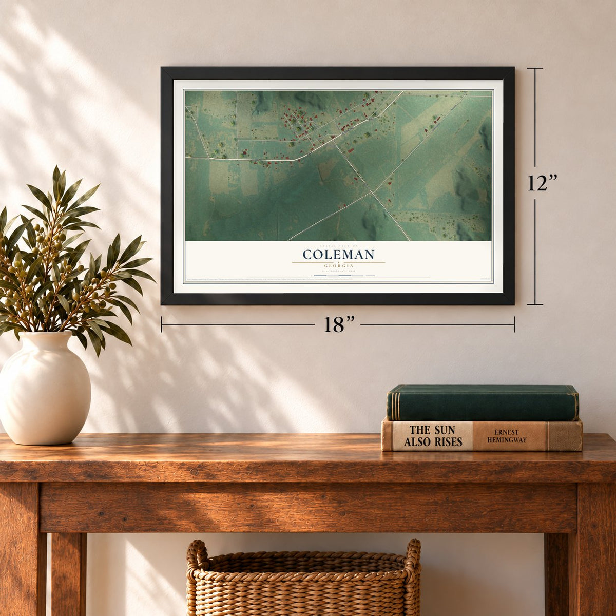 Coleman, Georgia map, 12 x 18 inch print in a black frame in an entryway