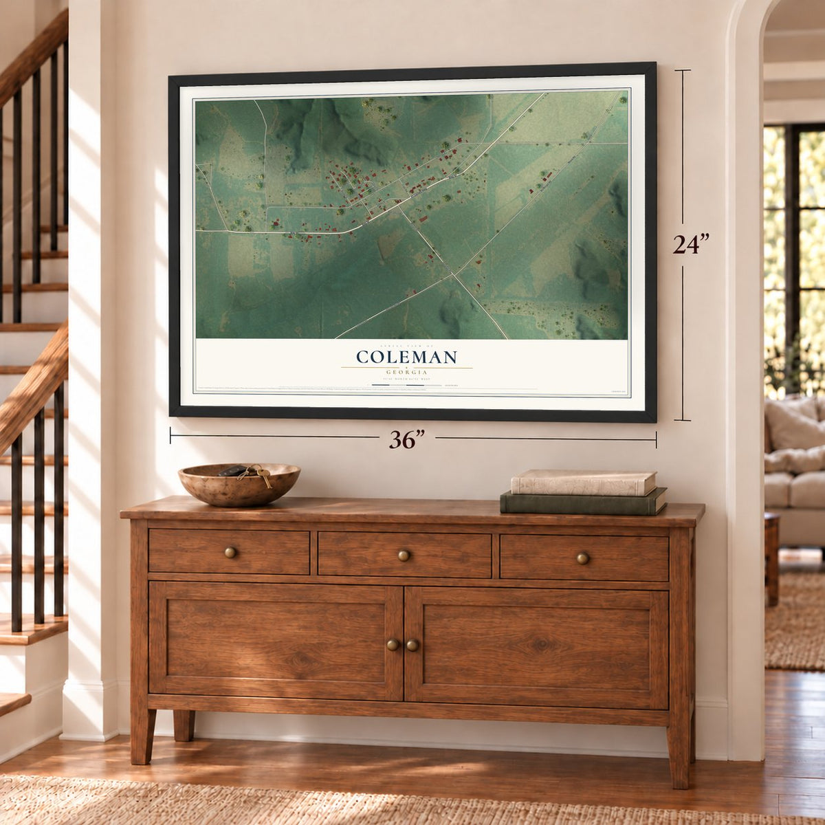 Coleman, Georgia map, 24 x 36 inch print in a black frame above a dresser by a staircase