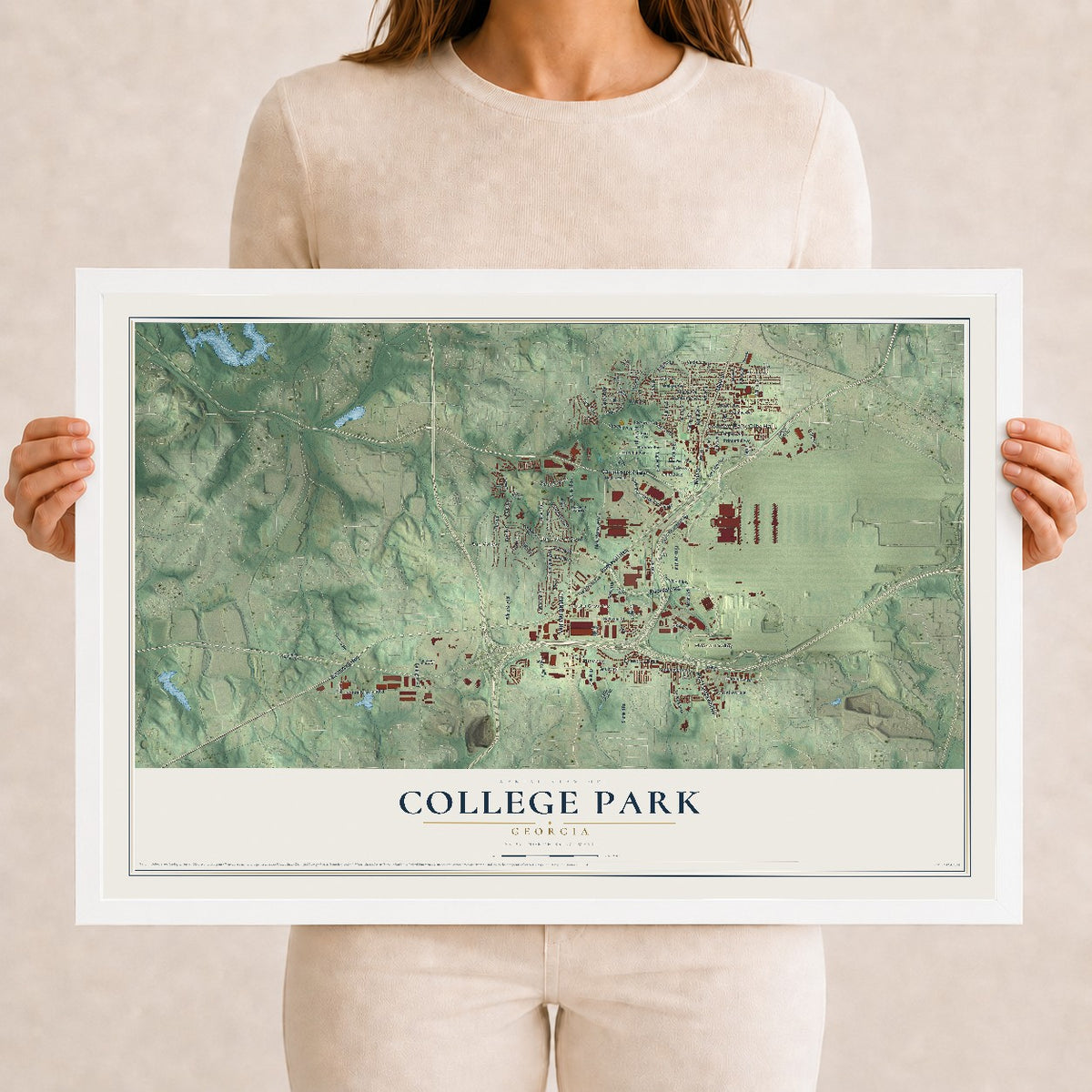 College Park, Georgia map print, 12" x 18" W/ White Ayous Wood Frame mockup