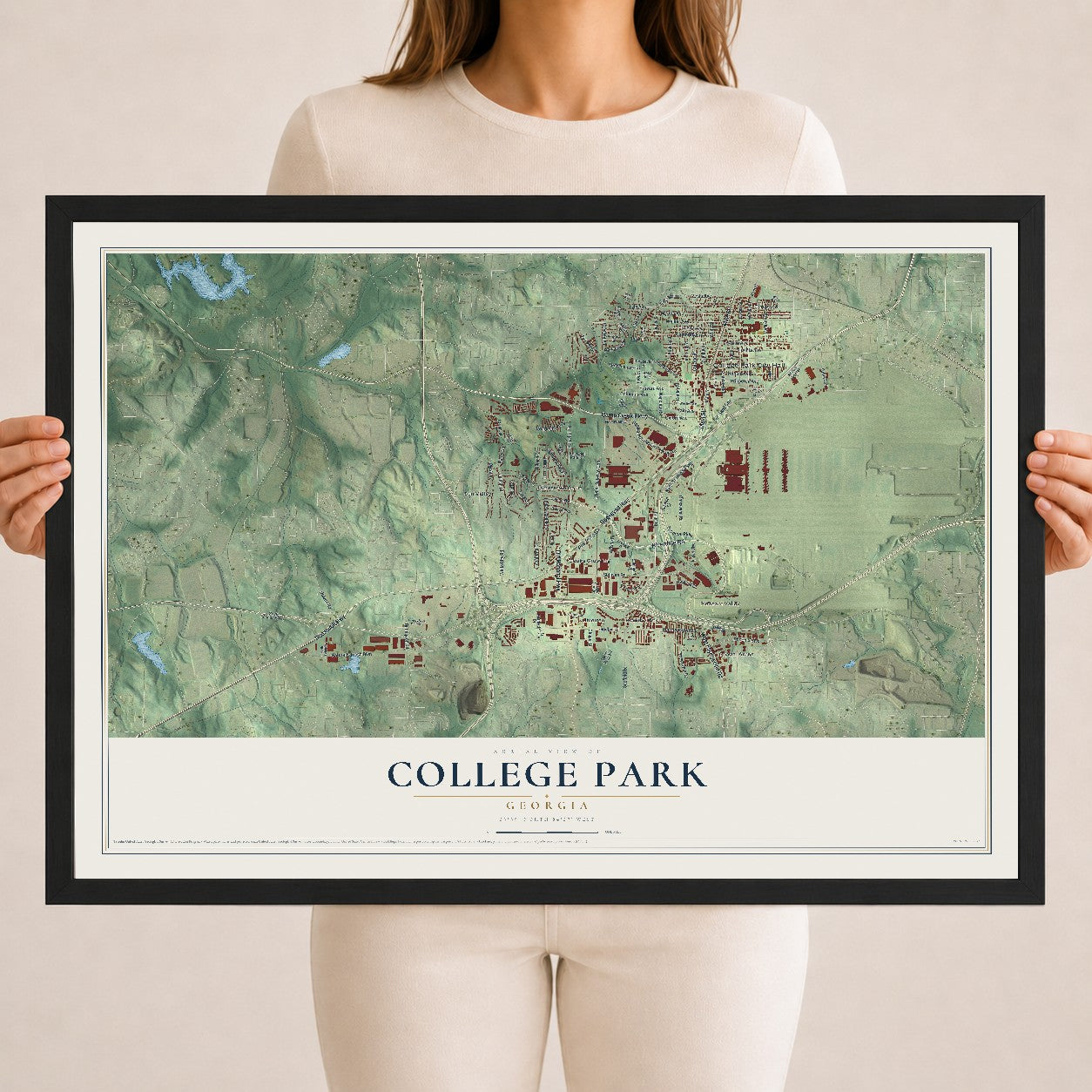 College Park, Georgia map print, 18" x 24" W/ Black Ayous Wood Frame mockup
