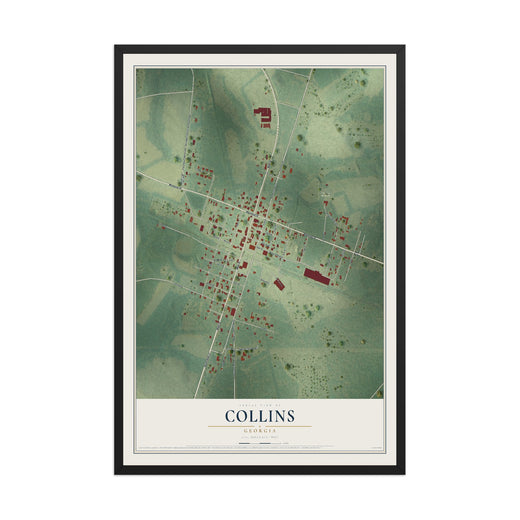 Map of Collins, Georgia, 12 x 18 inch print in a black wood frame