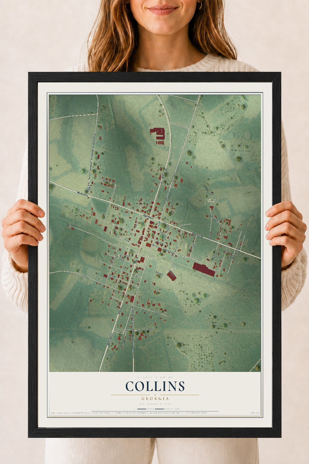 Collins, Georgia map print, 18" x 24" W/ Black Ayous Wood Frame mockup