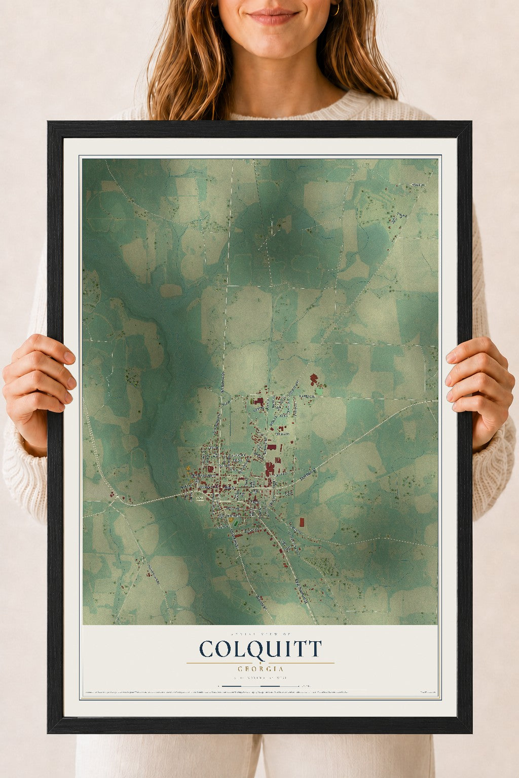 Colquitt, Georgia map print, 18" x 24" W/ Black Ayous Wood Frame mockup