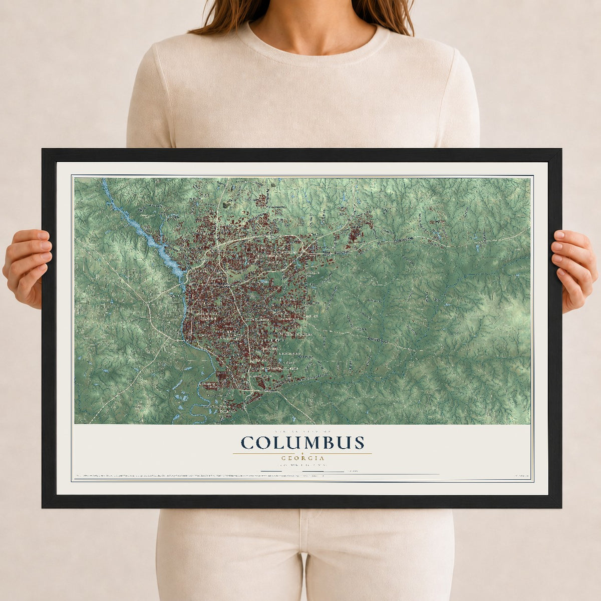 Columbus, Georgia map print, 12" x 18" W/ Black Ayous Wood Frame mockup