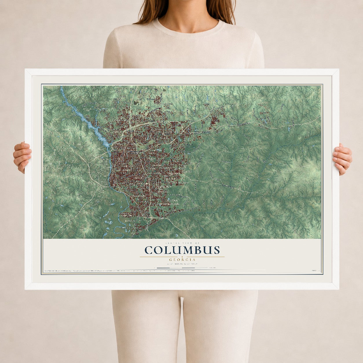 Columbus, Georgia map print, 24" x 36" W/ White Ayous Wood Frame mockup