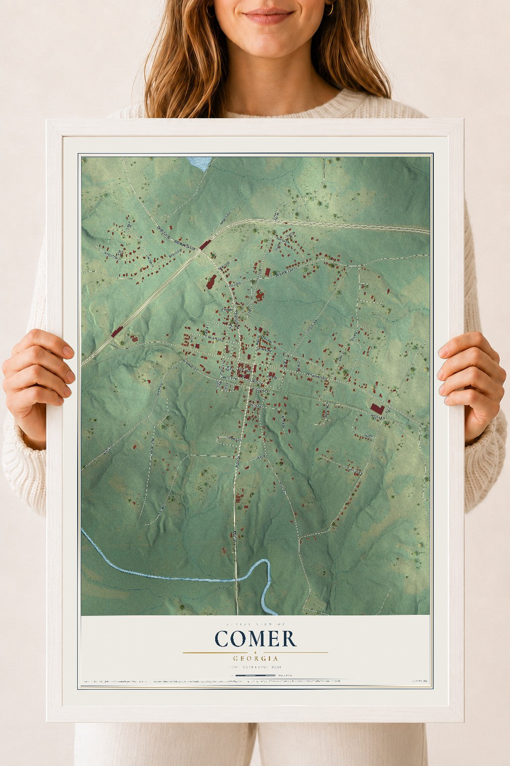 Comer, Georgia map print, 18" x 24" W/ White Ayous Wood Frame mockup