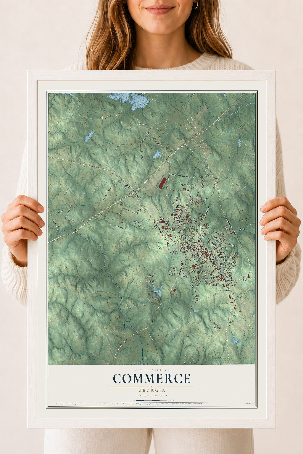 Commerce, Georgia map print, 18" x 24" W/ White Ayous Wood Frame mockup