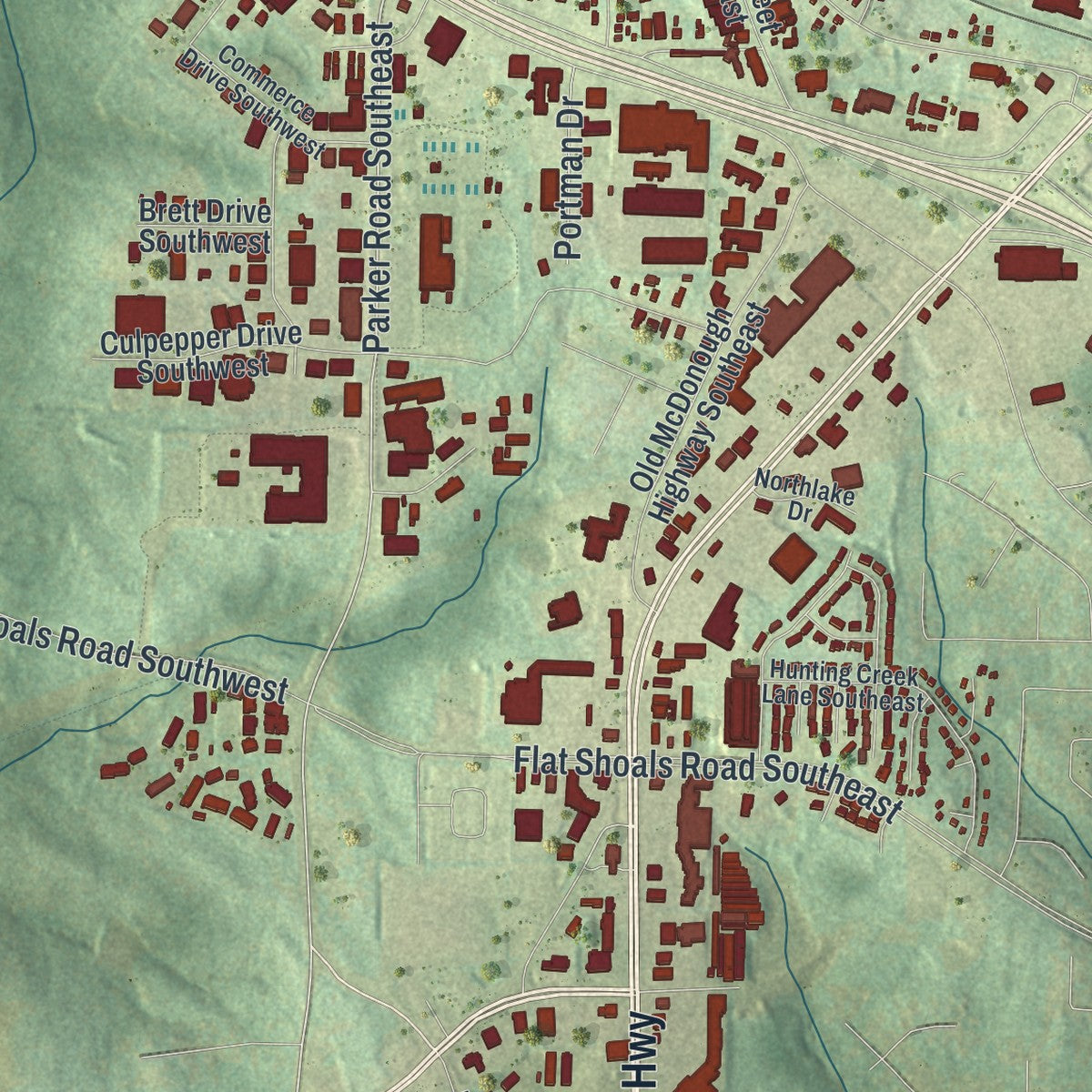 Close-up 2 of the Conyers, Georgia map artwork