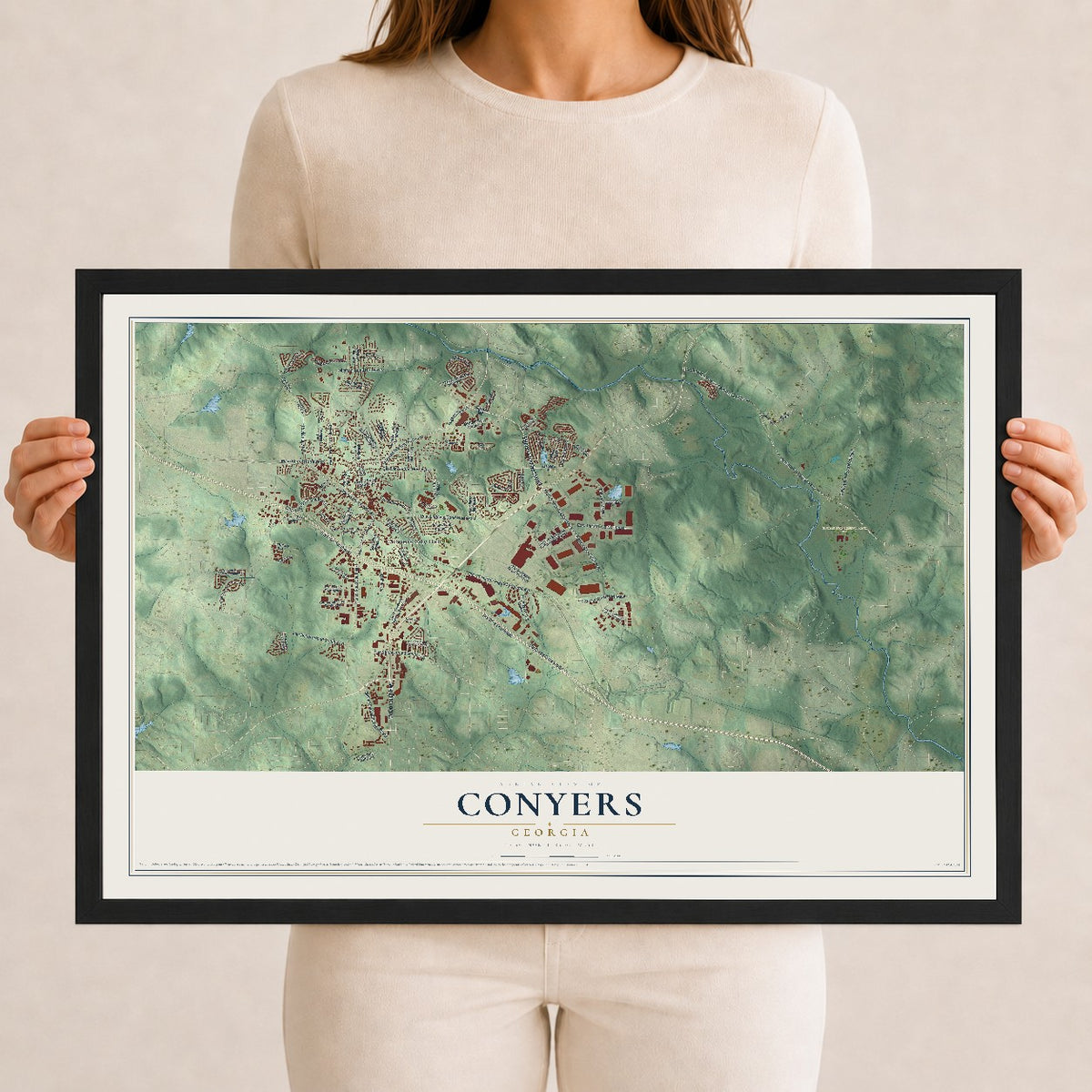 Conyers, Georgia map print, 12" x 18" W/ Black Ayous Wood Frame mockup