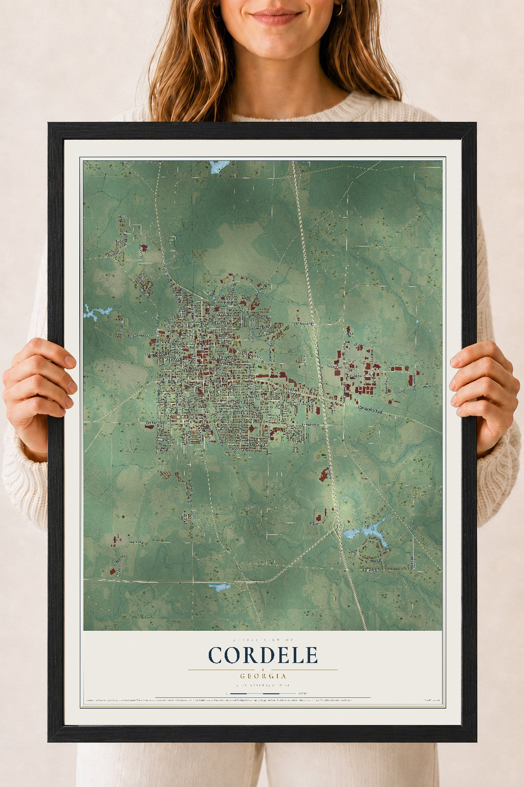 Cordele, Georgia map print, 18" x 24" W/ Black Ayous Wood Frame mockup