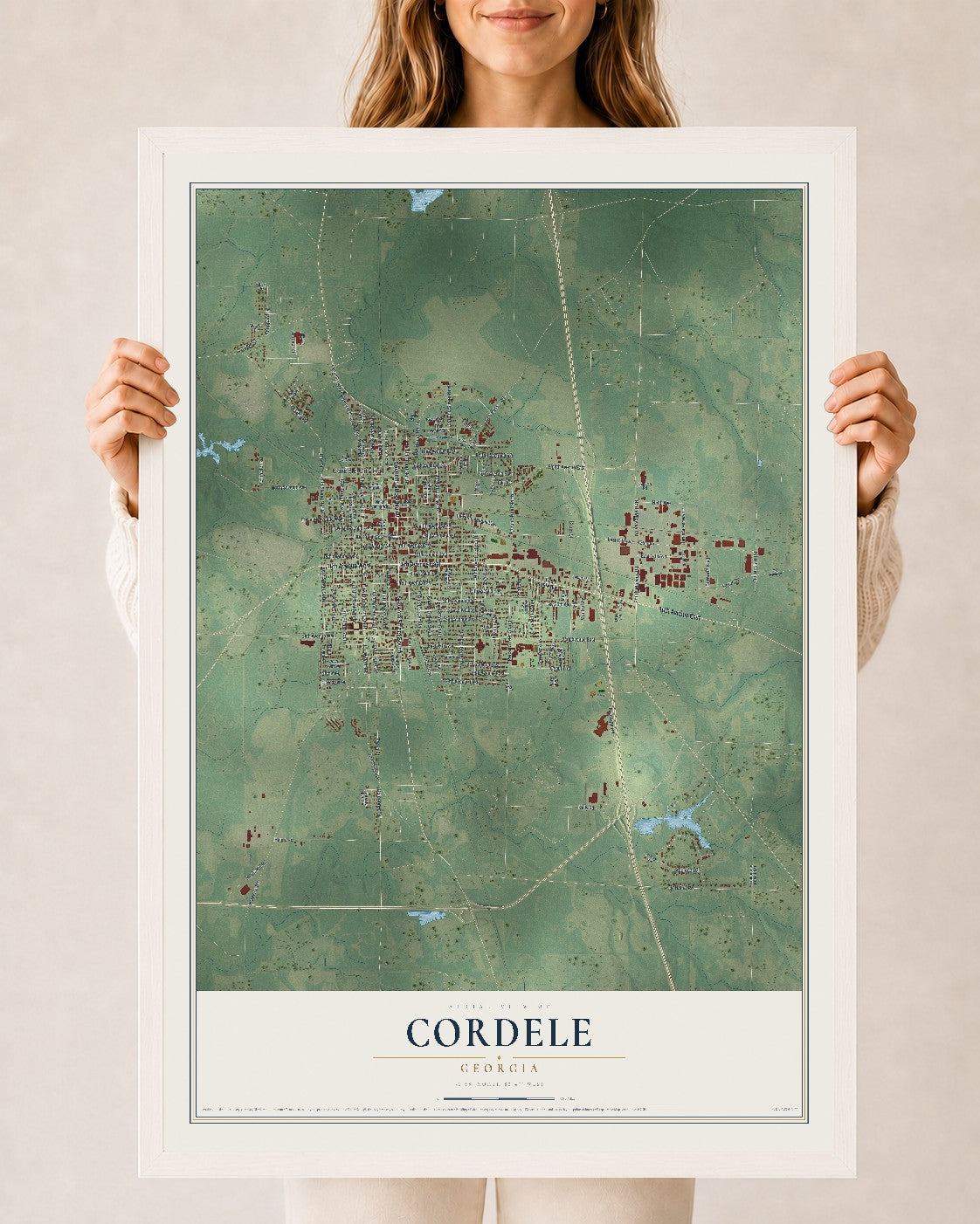 Cordele, Georgia map print, 24" x 36" W/ White Ayous Wood Frame mockup