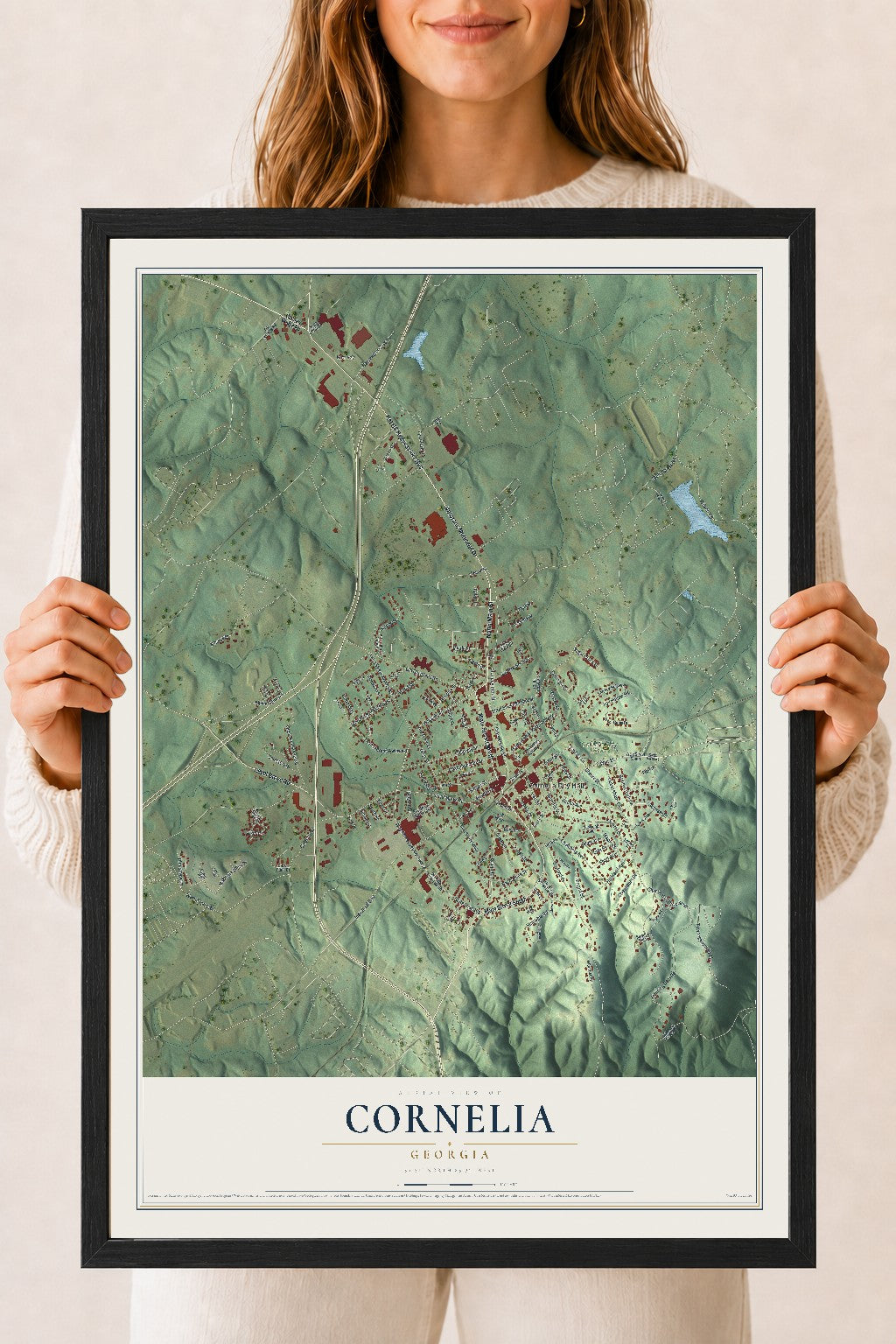 Cornelia, Georgia map print, 18" x 24" W/ Black Ayous Wood Frame mockup