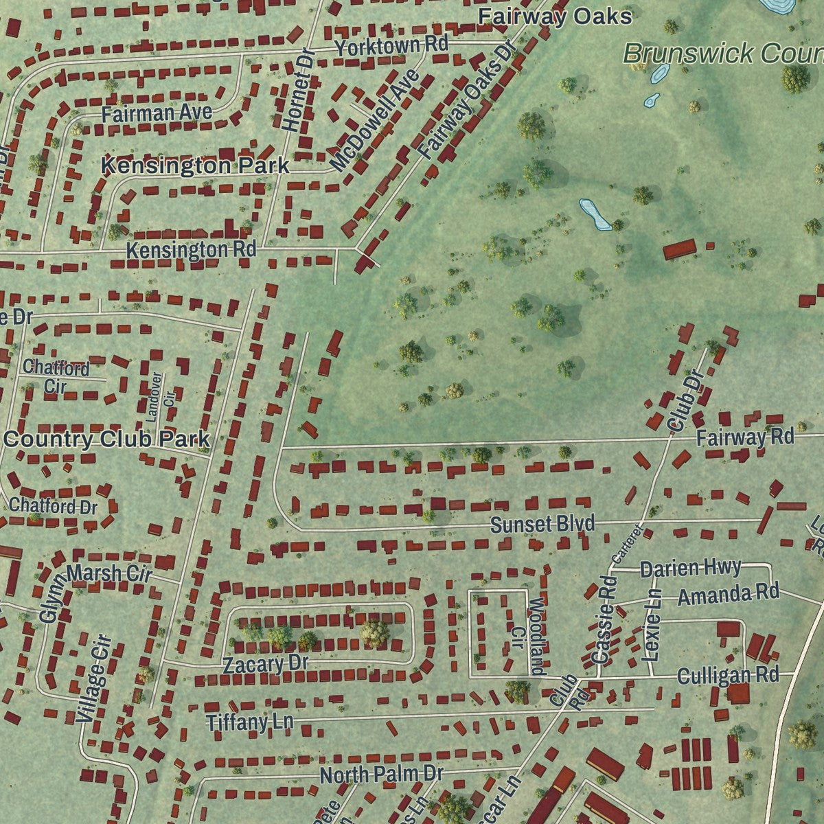 Close-up of the map of Country Club Estates, Georgia print showing street and building detail