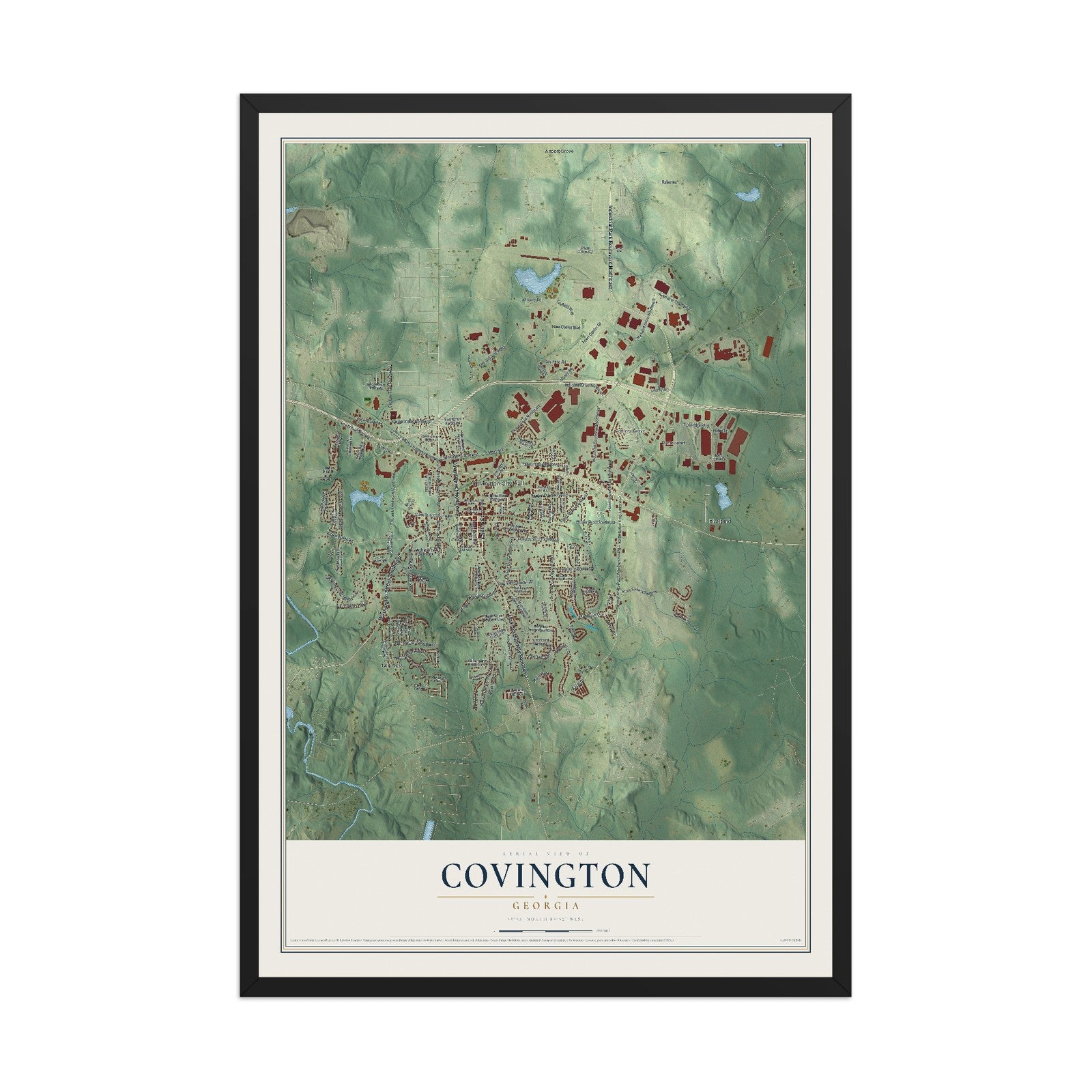 Covington, Georgia map print, 12" x 18" W/ Black Ayous Wood Frame mockup